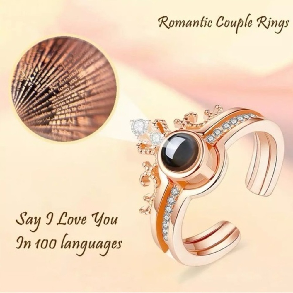 2 in one Rhinestone Crown Ring I Love You 100 Languages Projection open Ring new